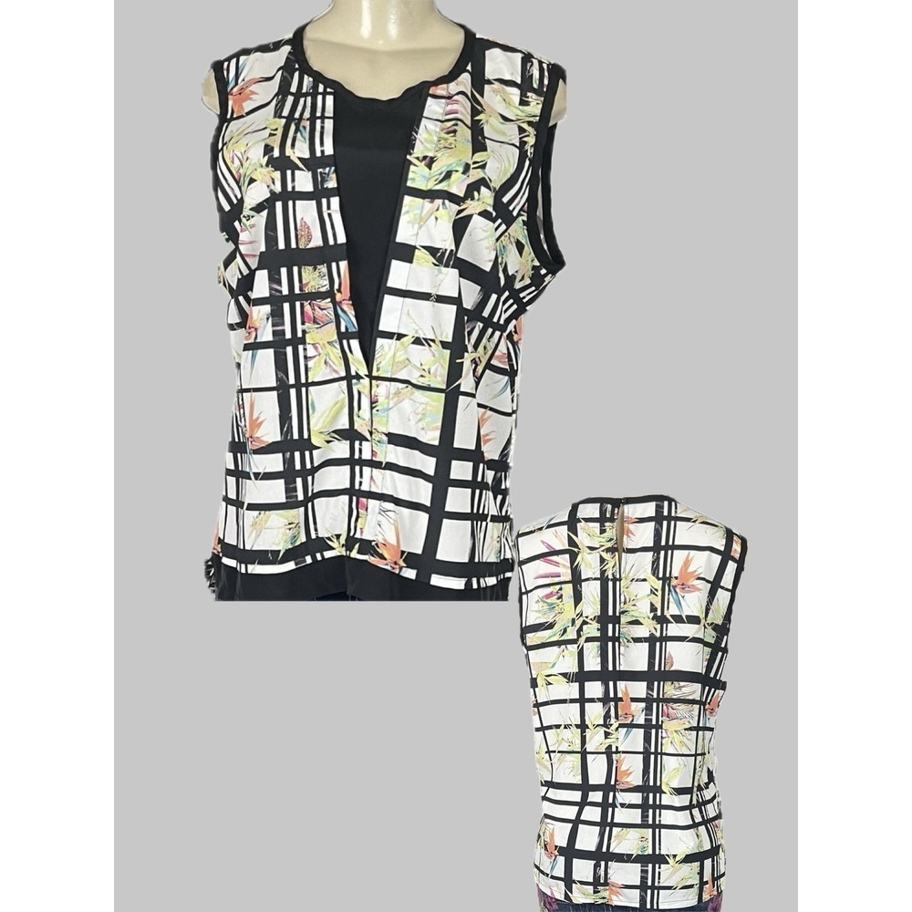 ECI New York L Black Grid Tropical Floral Bird of Paradise Shell Blouse Keyhole